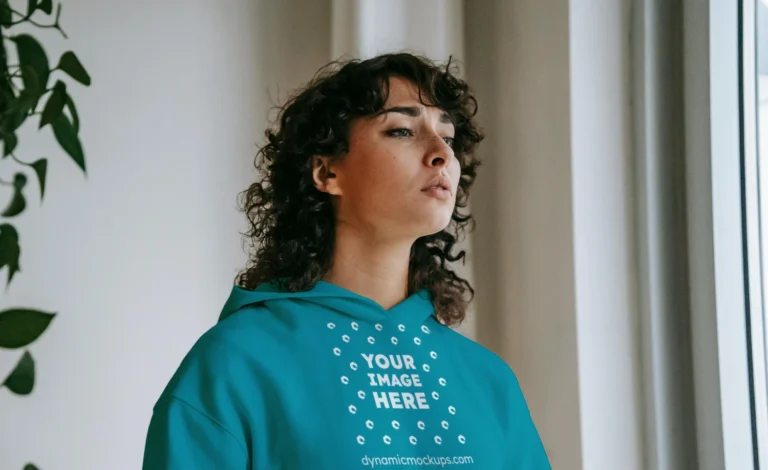 Woman Wearing Teal Hoodie Mockup Front View Template