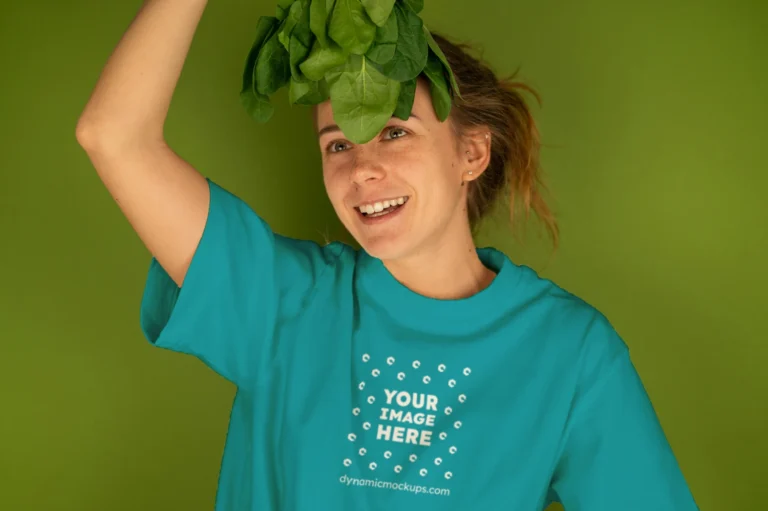 Woman Wearing Teal T-shirt Mockup Front View Template