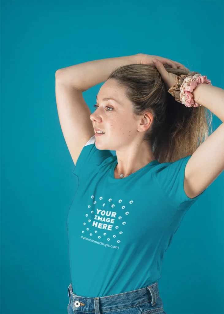 Woman Wearing Teal T-shirt Mockup Front View Template