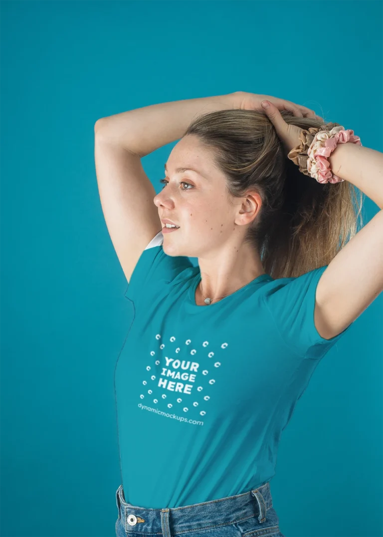Woman Wearing Teal T-shirt Mockup Front View Template