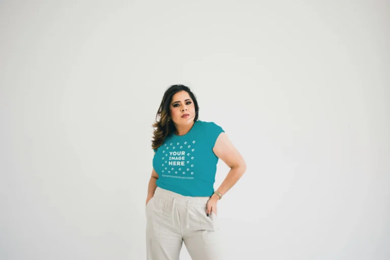 Woman Wearing Teal T-shirt Mockup Front View Template