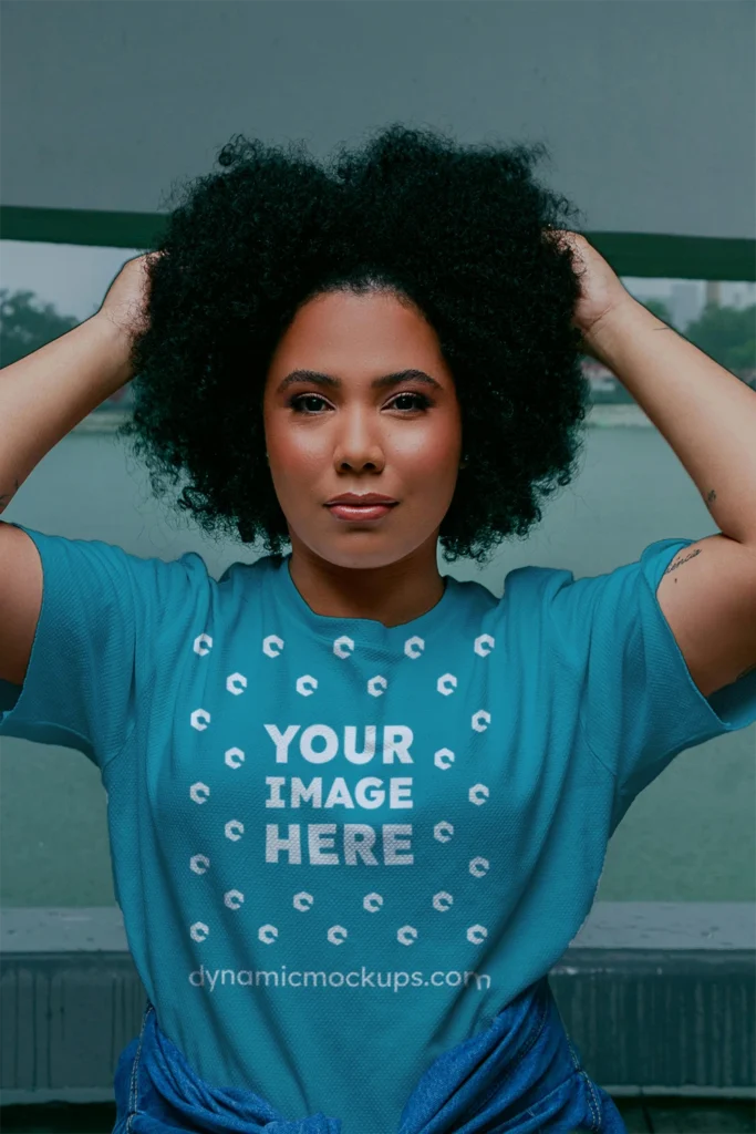 Woman Wearing Teal T-shirt Mockup Front View Template