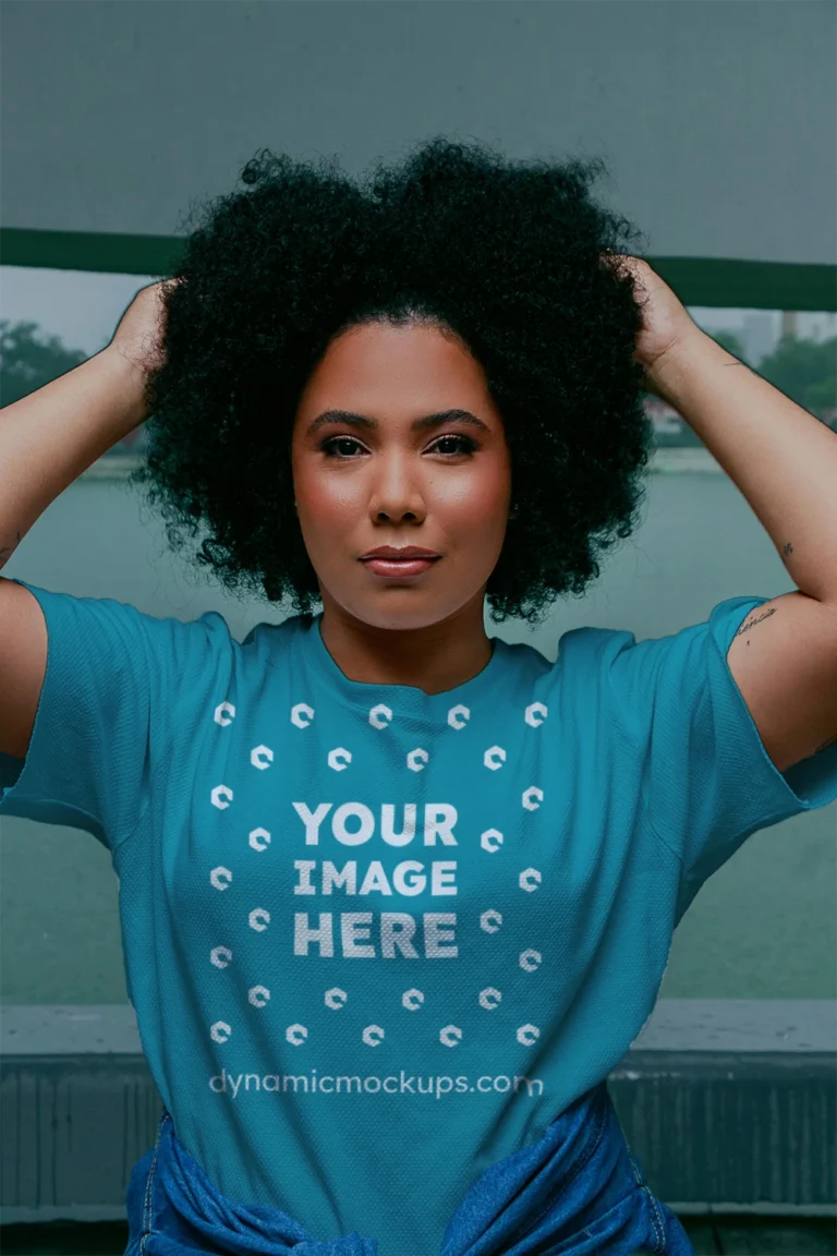Woman Wearing Teal T-shirt Mockup Front View Template