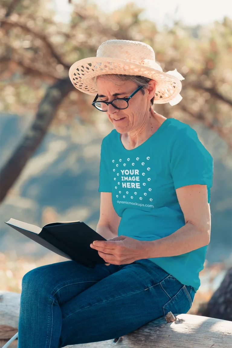 Woman Wearing Teal T-shirt Mockup Front View Template
