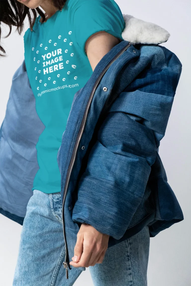 Woman Wearing Teal T-shirt Mockup Front View Template