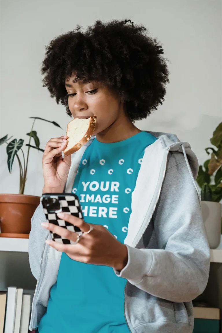Woman Wearing Teal T-shirt Mockup Front View Template