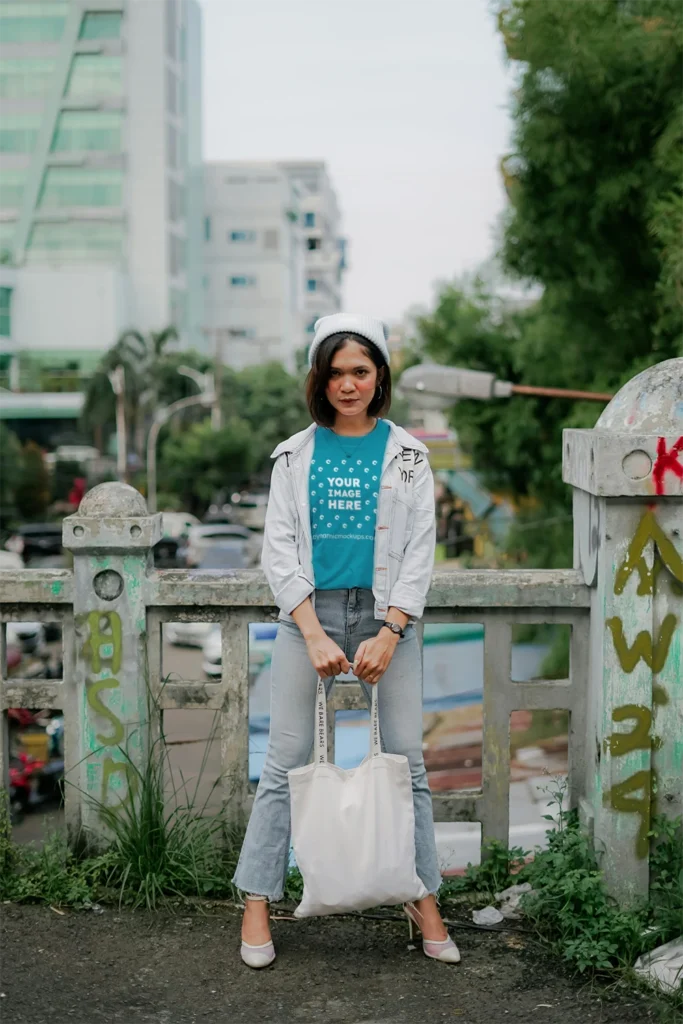Woman Wearing Teal T-shirt Mockup Front View Template