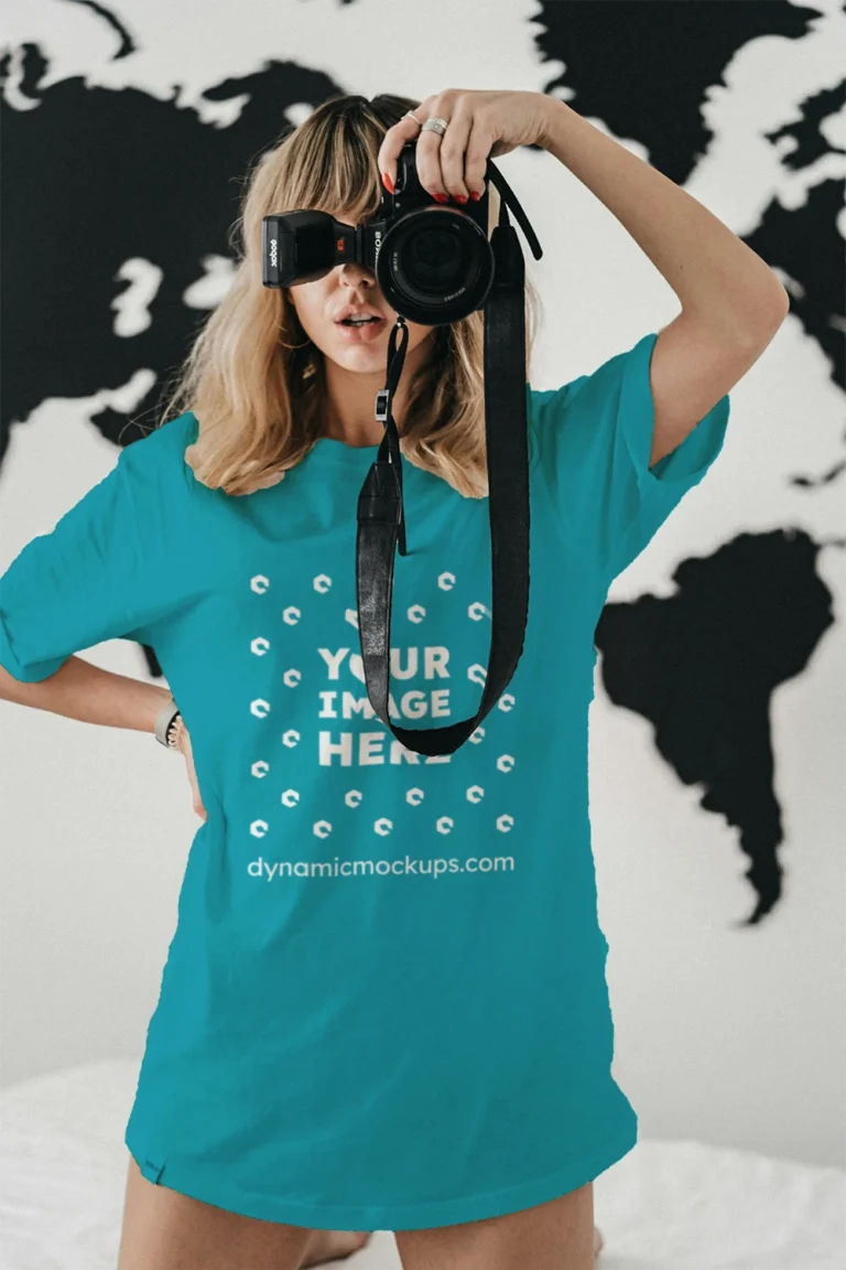Woman Wearing Teal T-shirt Mockup Front View Template