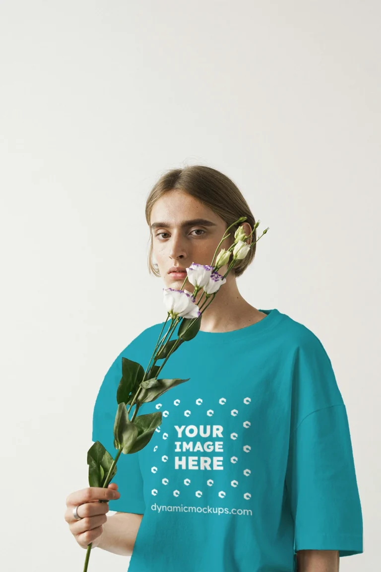 Woman Wearing Teal T-shirt Mockup Front View Template