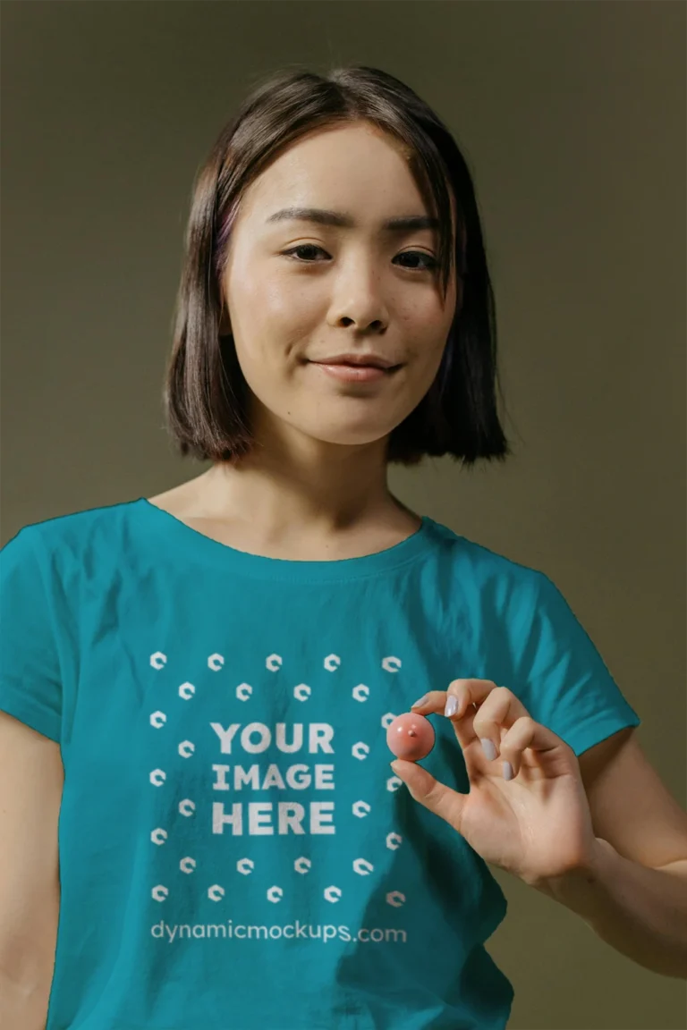 Woman Wearing Teal T-shirt Mockup Front View Template