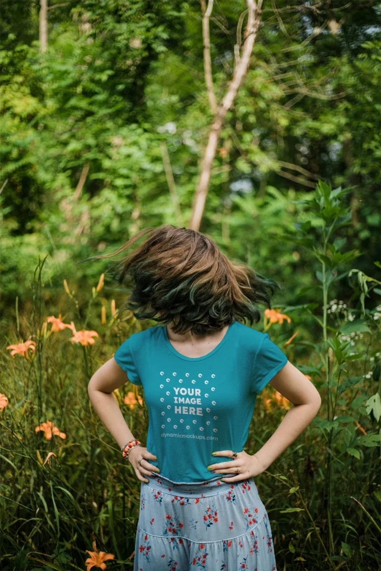 Woman Wearing Teal T-shirt Mockup Front View Template