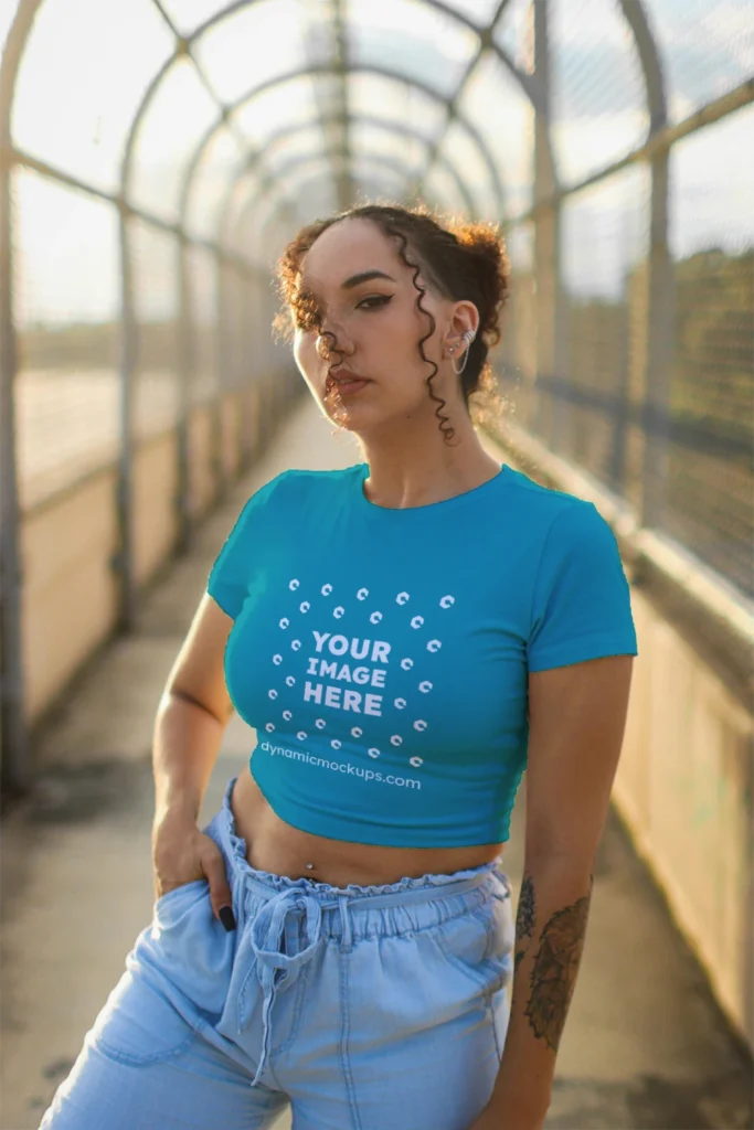 Woman Wearing Teal T-shirt Mockup Front View Template