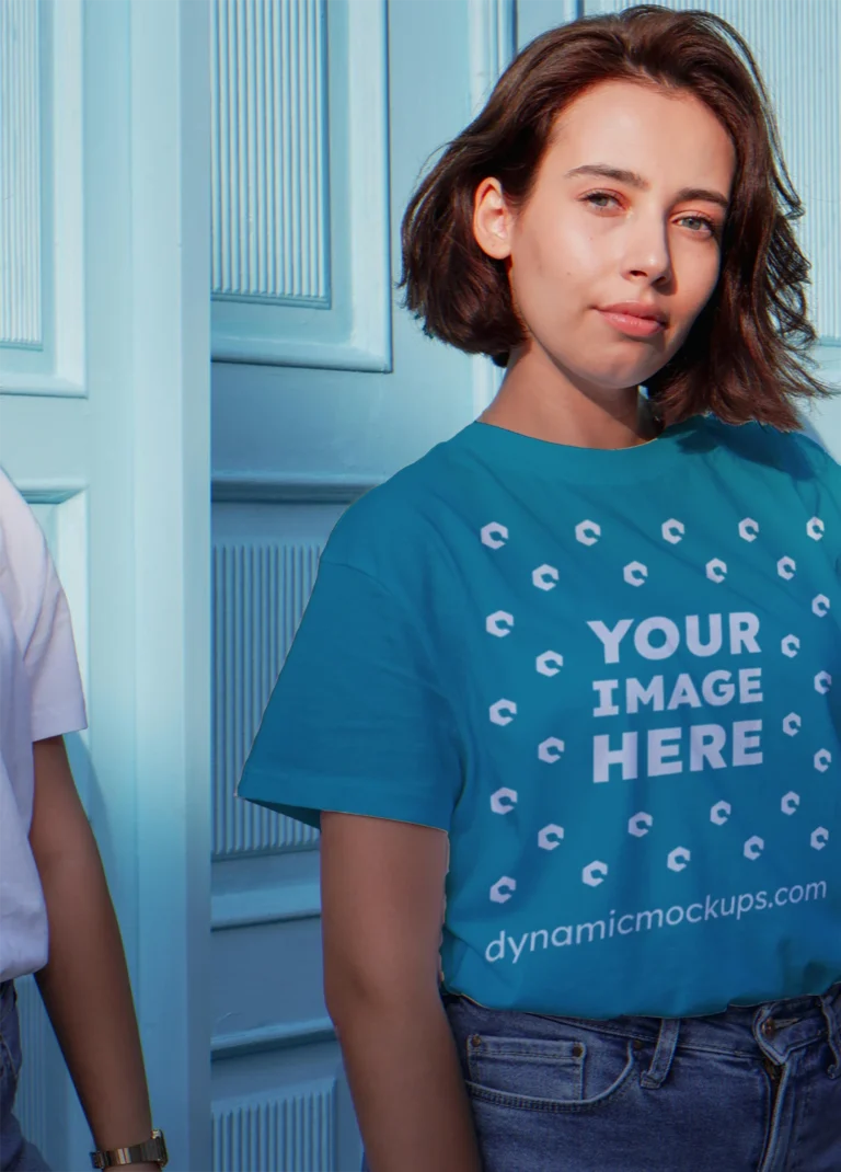 Woman Wearing Teal T-shirt Mockup Front View Template