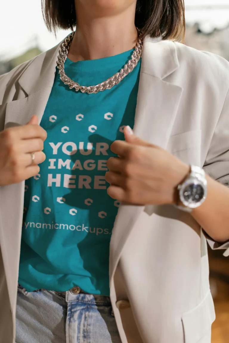 Woman Wearing Teal T-shirt Mockup Front View Template