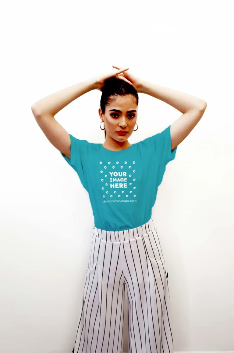 Woman Wearing Teal T-shirt Mockup Front View Template