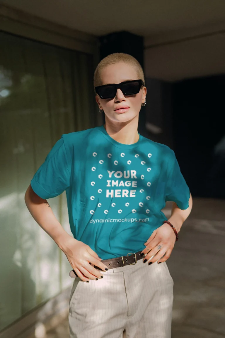 Woman Wearing Teal T-shirt Mockup Front View Template