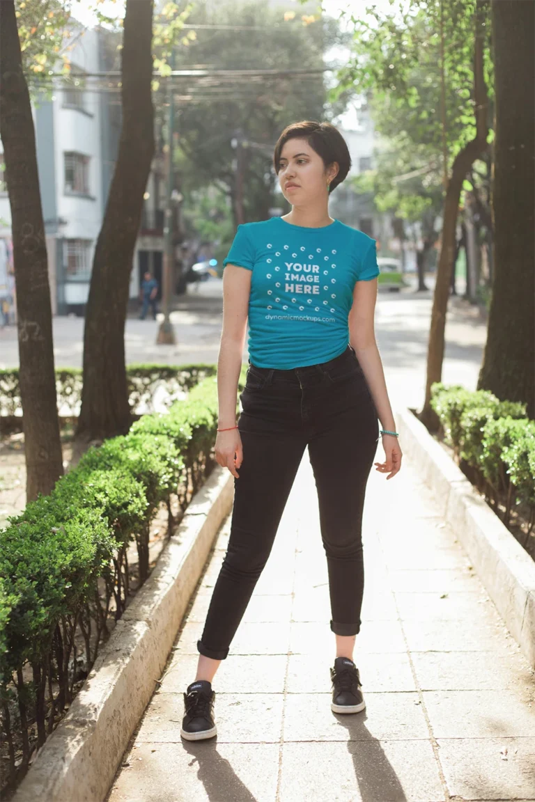 Woman Wearing Teal T-shirt Mockup Front View Template
