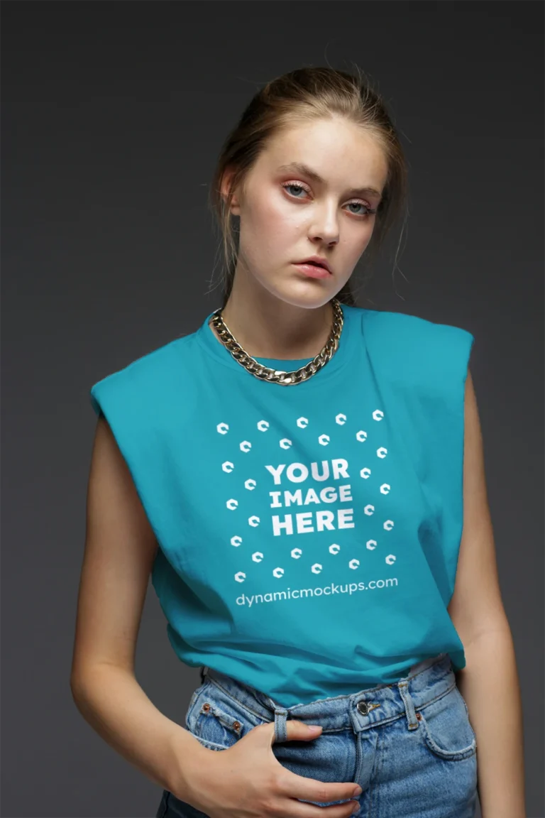 Woman Wearing Teal T-shirt Mockup Front View Template