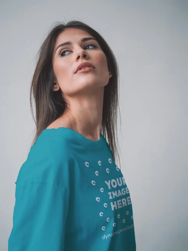 Woman Wearing Teal T-shirt Mockup Front View Template