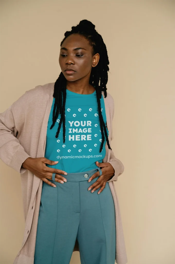 Woman Wearing Teal T-shirt Mockup Front View Template