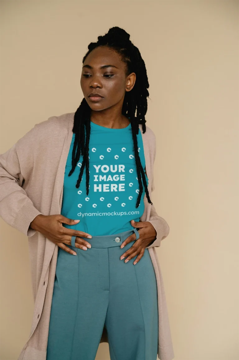 Woman Wearing Teal T-shirt Mockup Front View Template