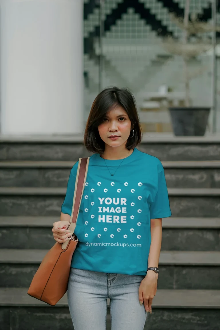 Woman Wearing Teal T-shirt Mockup Front View Template