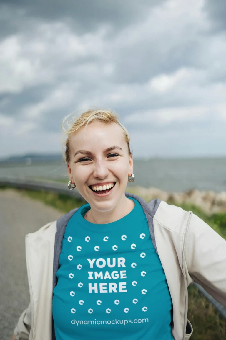 Woman Wearing Teal T-shirt Mockup Front View Template