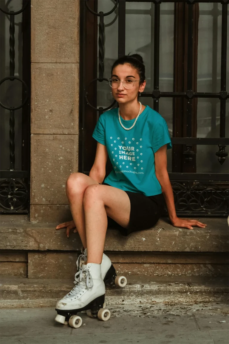 Woman Wearing Teal T-shirt Mockup Front View Template
