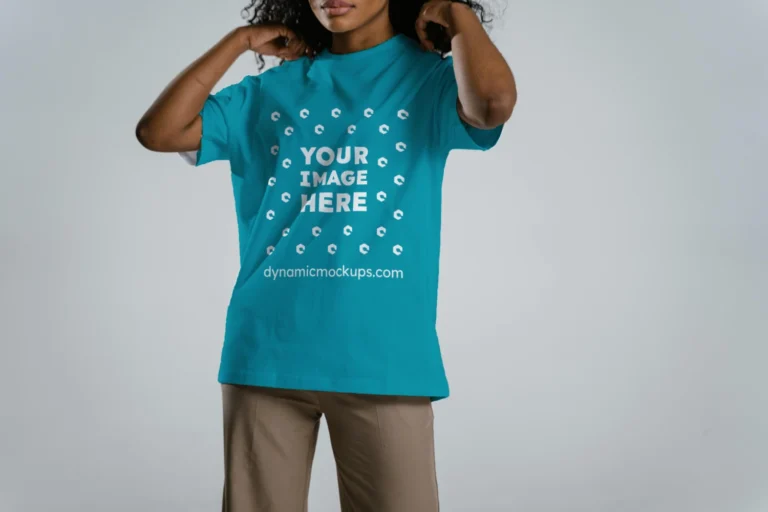 Woman Wearing Teal T-shirt Mockup Front View Template