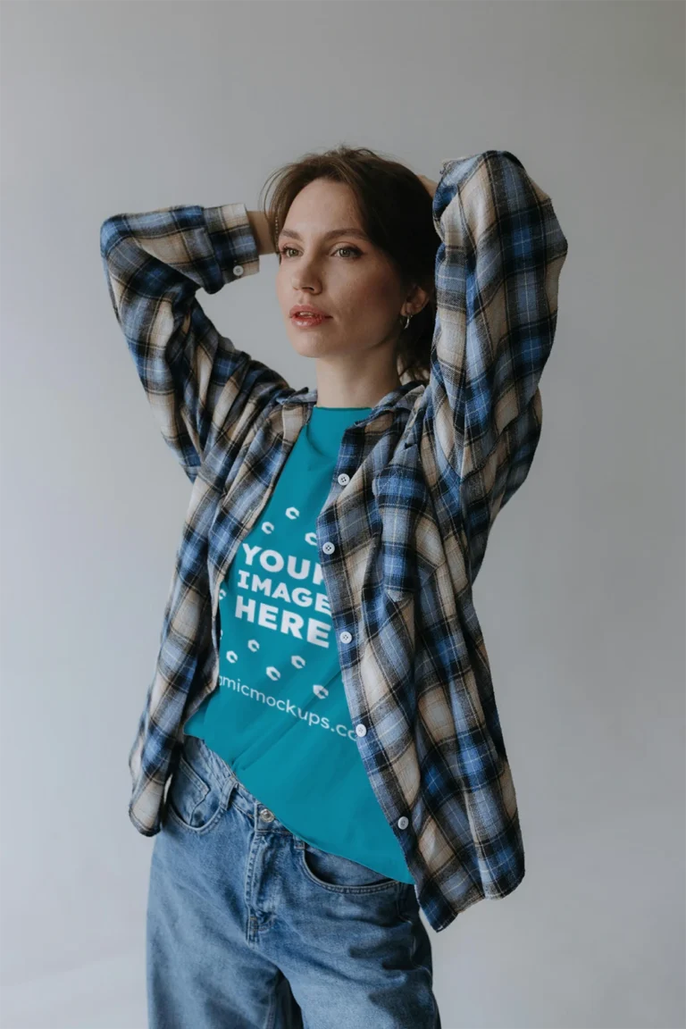 Woman Wearing Teal T-shirt Mockup Front View Template