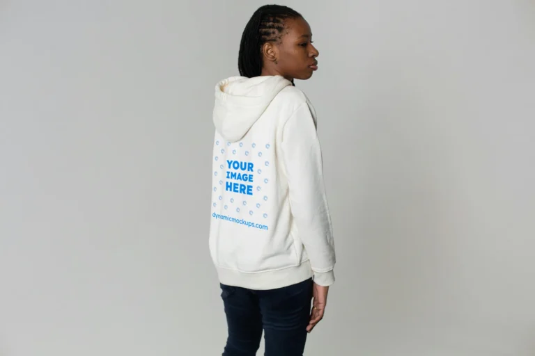 Woman Wearing White Hoodie Mockup Back View Template