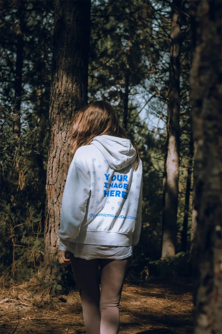 Woman Wearing White Hoodie Mockup Back View Template