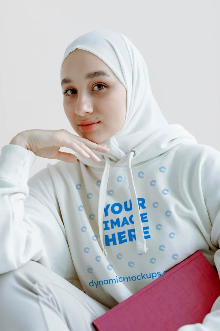 Woman Wearing White Hoodie Mockup Front View Template
