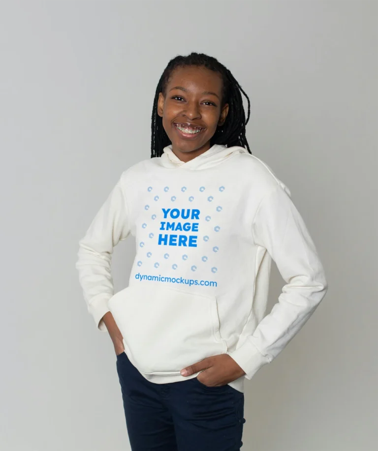Woman Wearing White Hoodie Mockup Front View Template