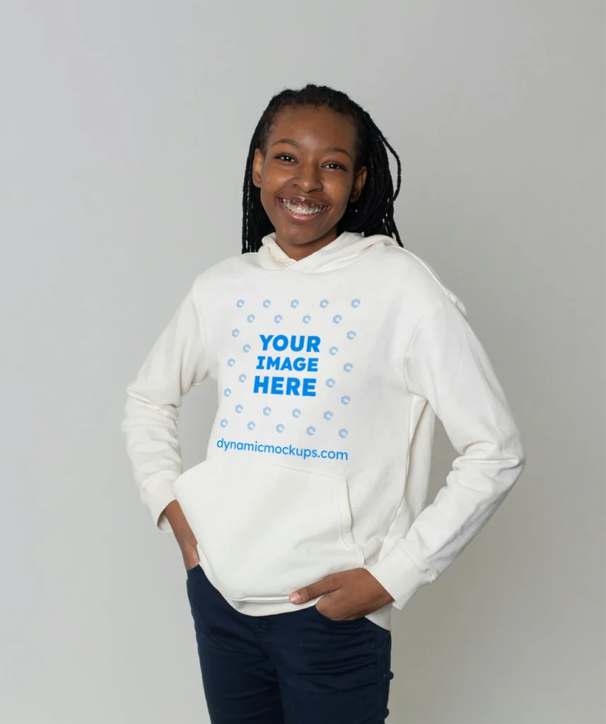 Woman Wearing White Hoodie Mockup Front View Template
