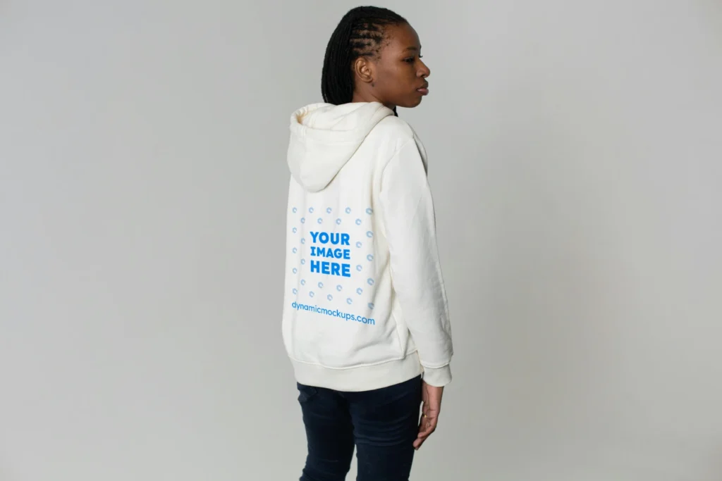 Woman Wearing White Hoodie Mockup Back View Template