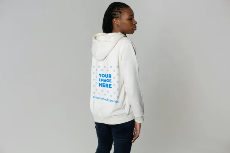 Woman Wearing White Hoodie Mockup Back View Template