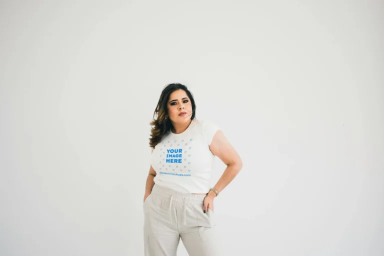 Woman Wearing White T-shirt Mockup Front View Template
