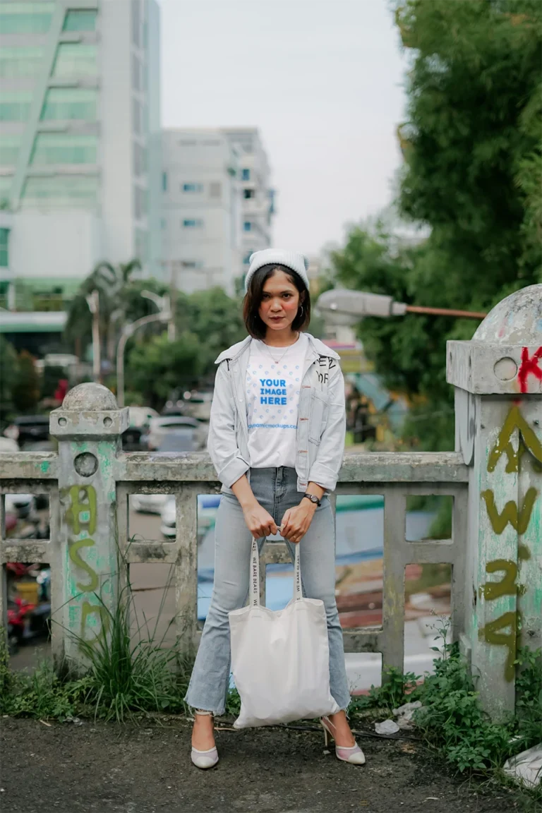 Woman Wearing White T-shirt Mockup Front View Template