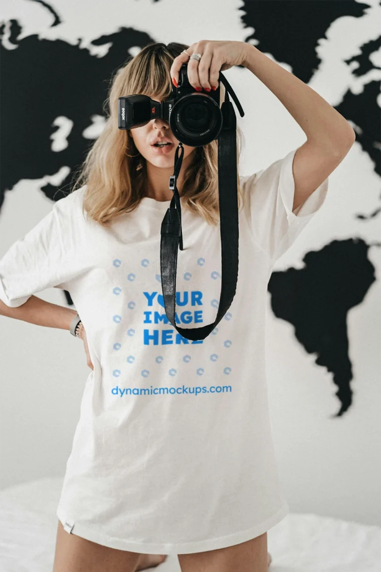 Woman Wearing White T-shirt Mockup Front View Template