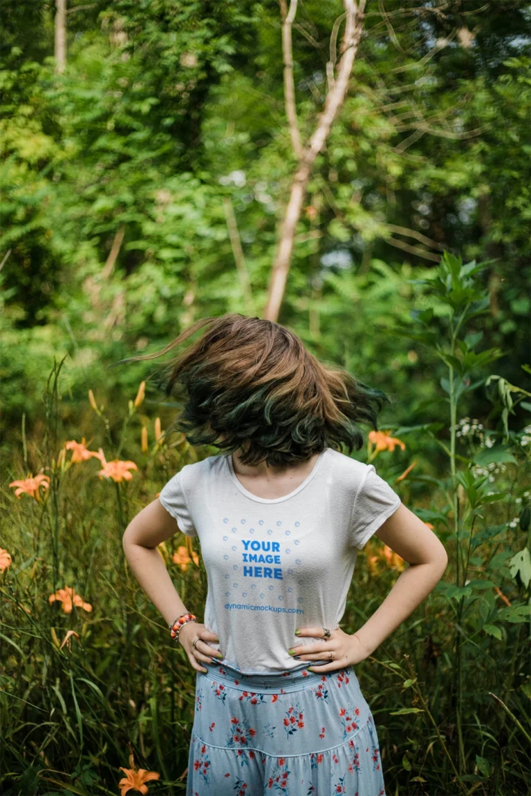 Woman Wearing White T-shirt Mockup Front View Template