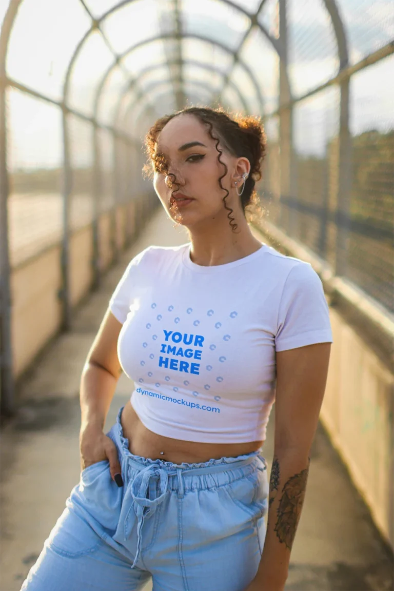 Woman Wearing White T-shirt Mockup Front View Template
