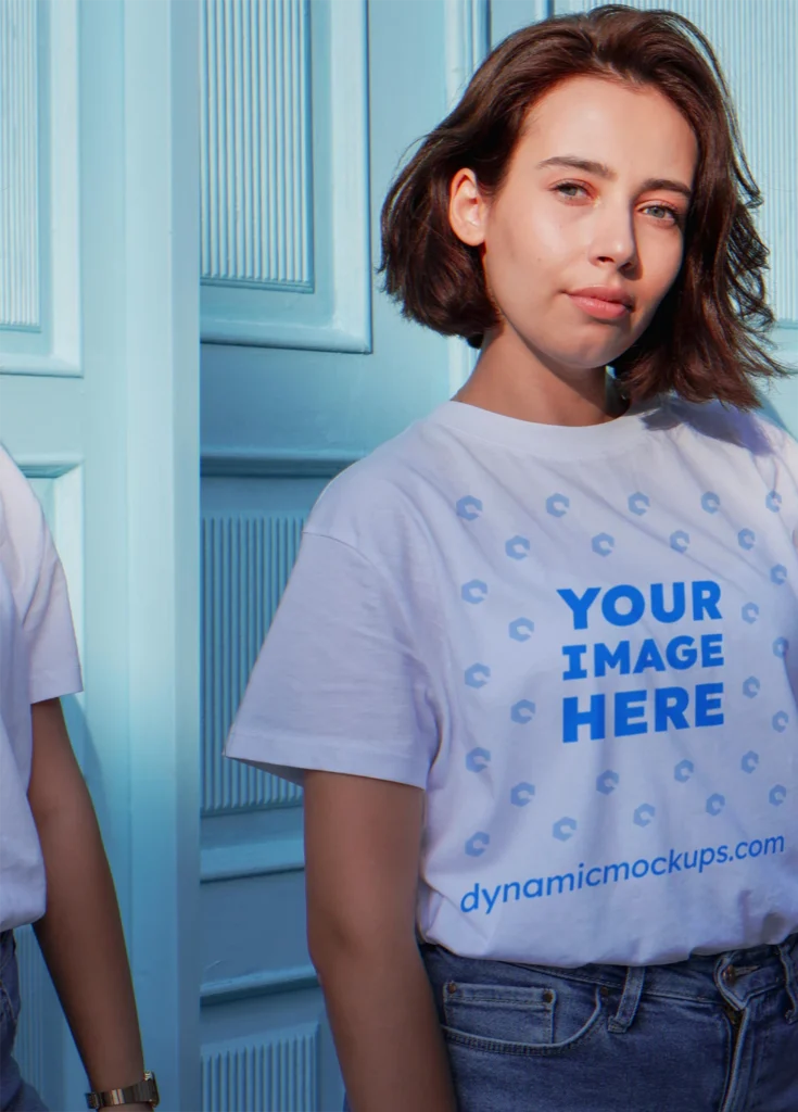 Woman Wearing White T-shirt Mockup Front View Template