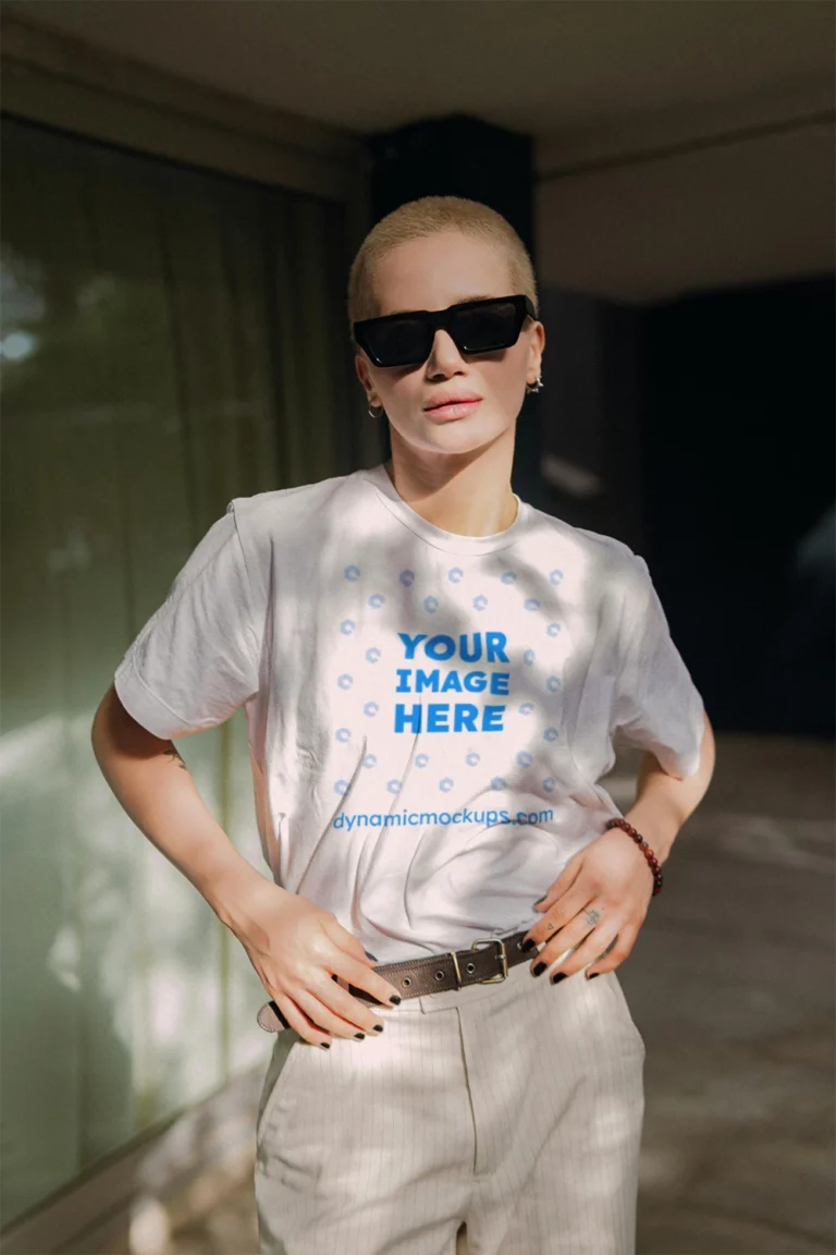 Woman Wearing White T-shirt Mockup Front View Template