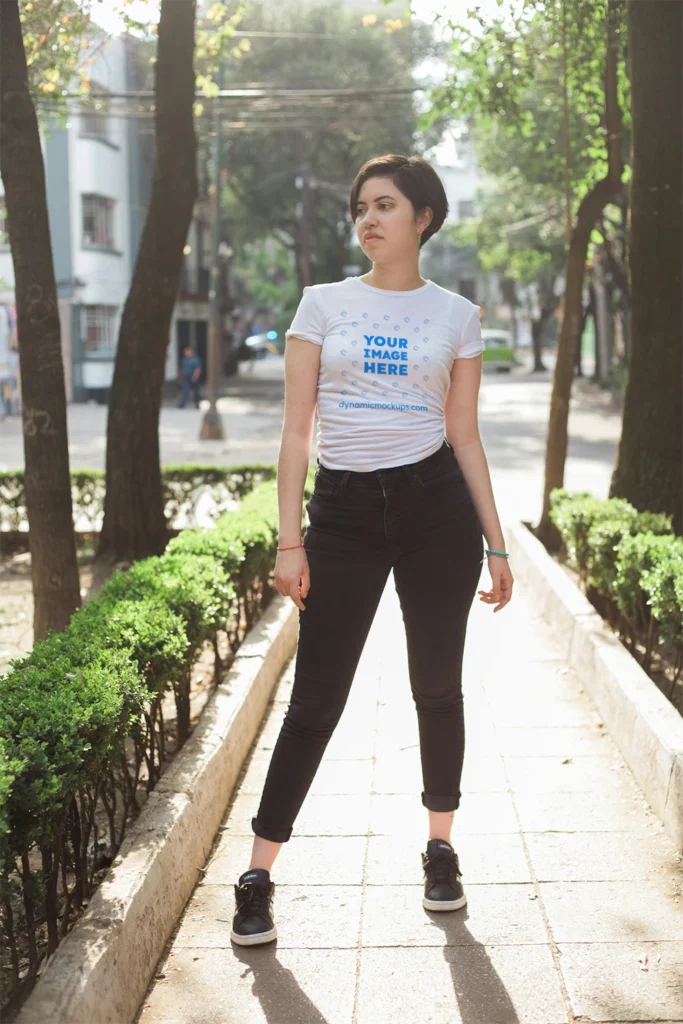 Woman Wearing White T-shirt Mockup Front View Template