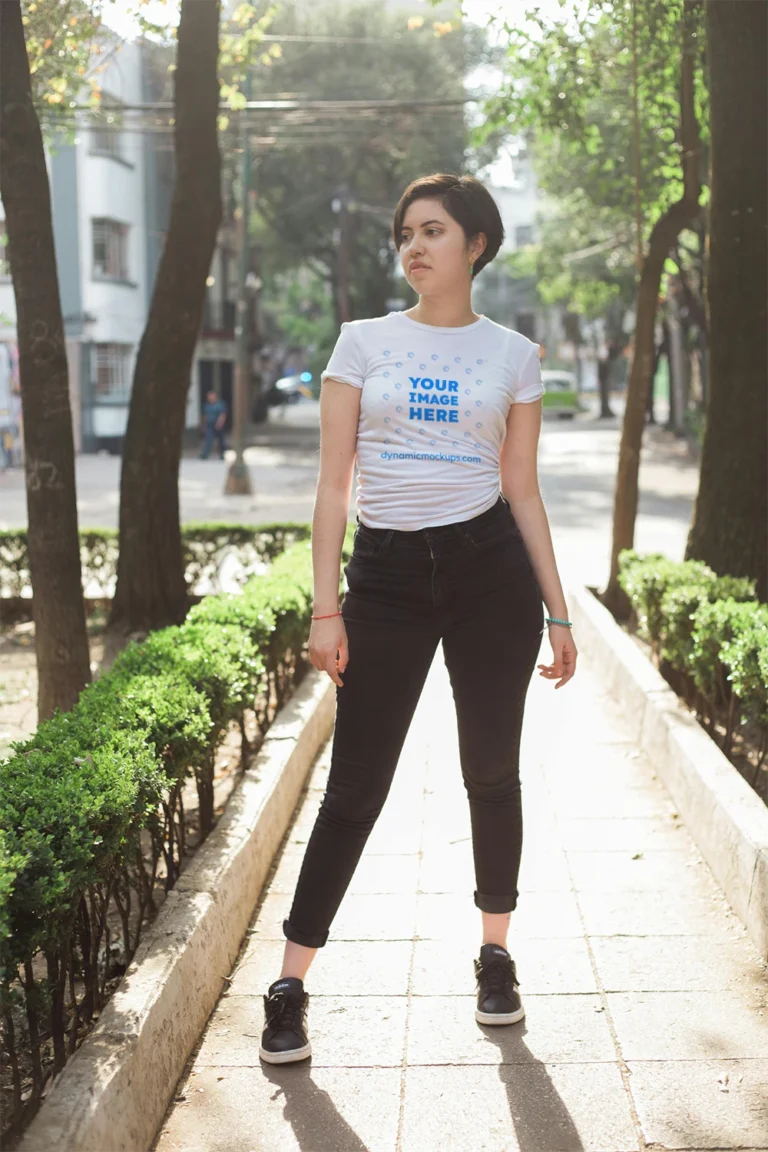 Woman Wearing White T-shirt Mockup Front View Template