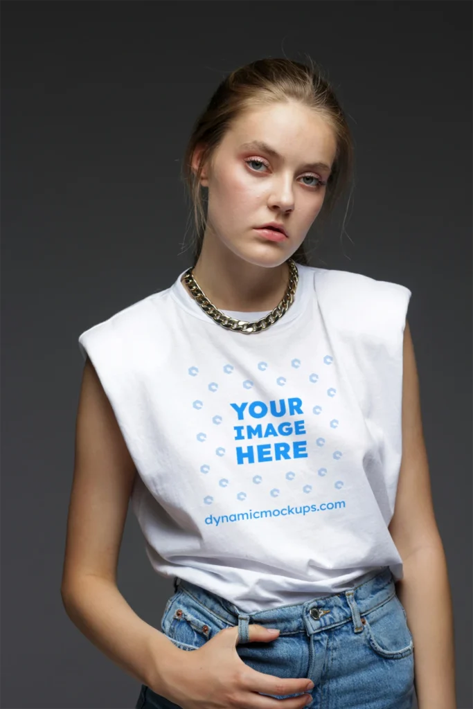 Woman Wearing White T-shirt Mockup Front View Template