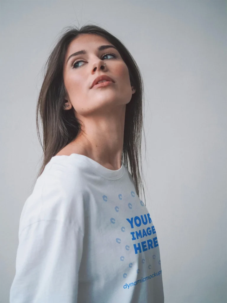 Woman Wearing White T-shirt Mockup Front View Template