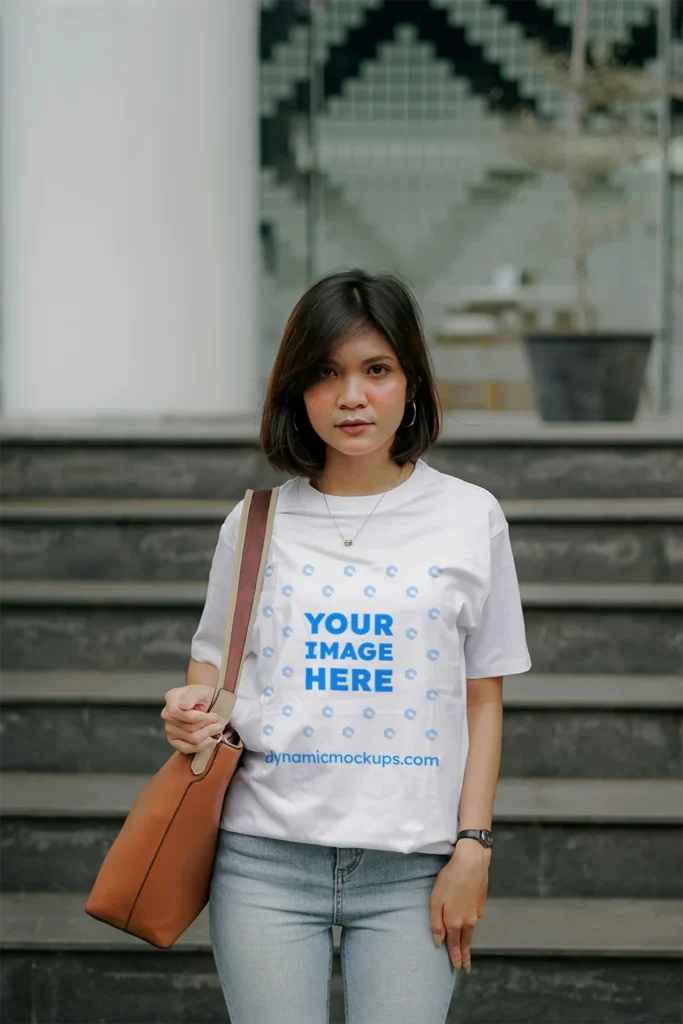 Woman Wearing White T-shirt Mockup Front View Template