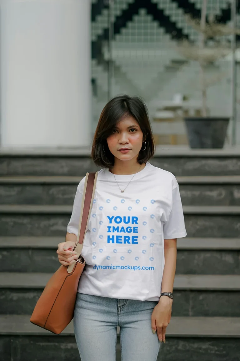 Woman Wearing White T-shirt Mockup Front View Template